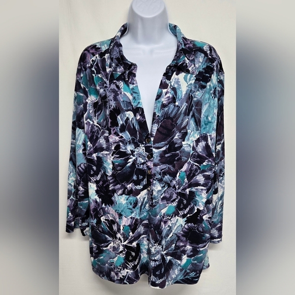 Alfani Tops - Alfani Woman 3X Collared Slinky Stretch Knit Pullover Top Partial Button Front